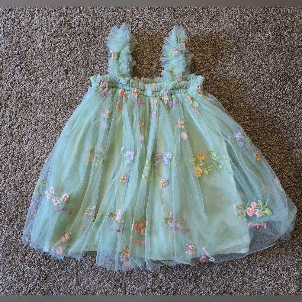 Mint Green Floral Tulle Party Dress for Girls